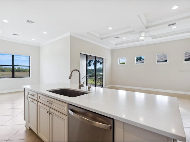 kitchen featuring sink, stainless steel dishwasher, coffered ceiling, and ornamental molding