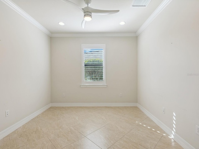 spare room with ceiling fan and ornamental molding