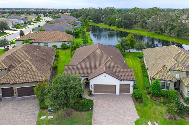 aerial view featuring a water view