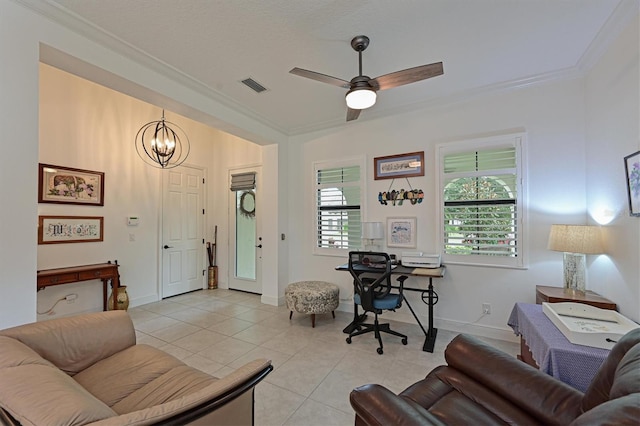 tiled living room with ornamental molding and ceiling fan with notable chandelier