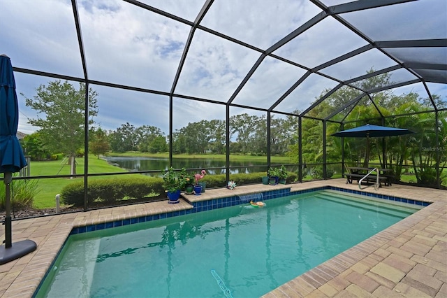 view of pool with a water view, a lanai, and a patio area