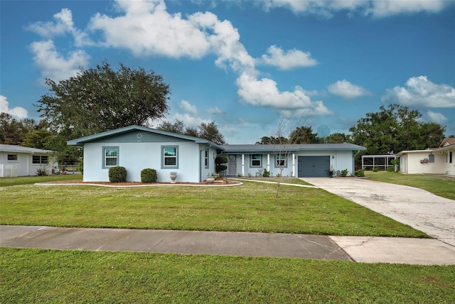 ranch-style house with a garage and a front lawn