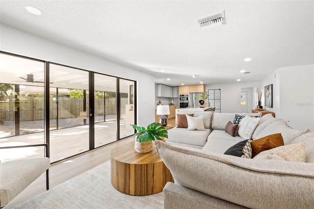 living room with a textured ceiling and light hardwood / wood-style flooring