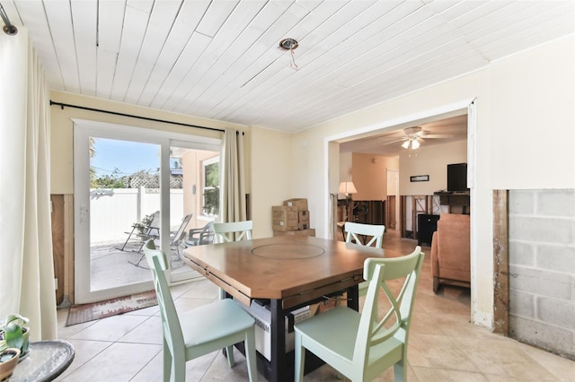 dining room with light tile patterned floors, ceiling fan, and wood ceiling