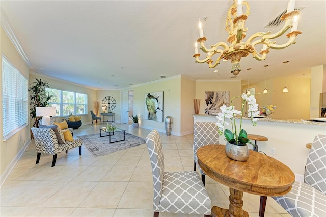 tiled living room featuring ornamental molding and a notable chandelier