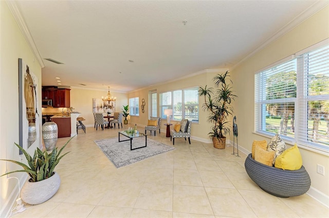 tiled living room with crown molding, plenty of natural light, and a notable chandelier