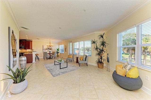 7830 34th Ave W Unit 102, Bradenton, FL 34209 - living area featuring ornamental molding, a chandelier, baseboards, and light tile patterned floors