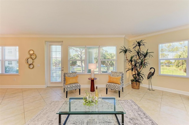 living area featuring crown molding and plenty of natural light