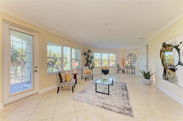 living room featuring light tile patterned flooring and ornamental molding