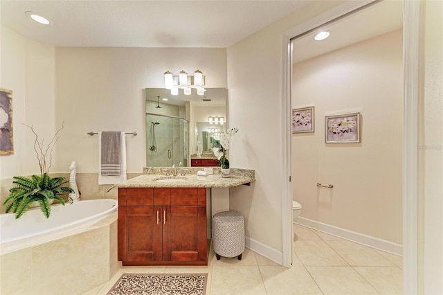 7830 34th Ave W Unit 102, Bradenton, FL 34209 - full bathroom featuring vanity, a stall shower, a bath, tile patterned flooring, and toilet