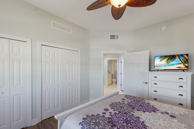 bedroom featuring hardwood / wood-style floors, two closets, and ceiling fan