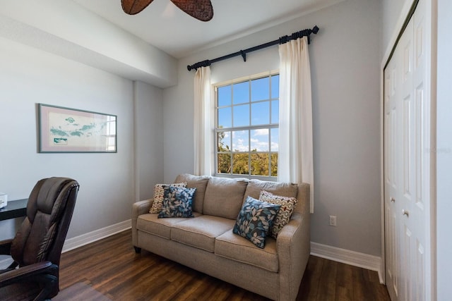 office space featuring dark hardwood / wood-style flooring and ceiling fan