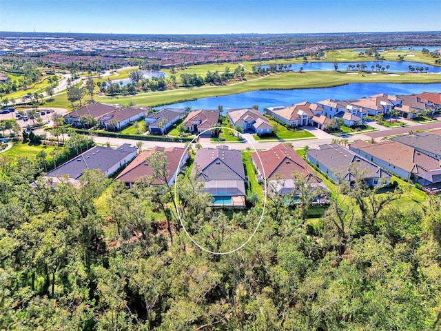 drone / aerial view featuring a water view