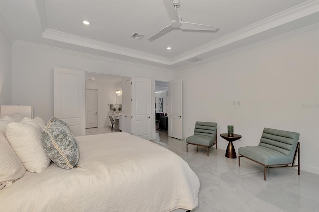 bedroom with a raised ceiling, ceiling fan, and crown molding