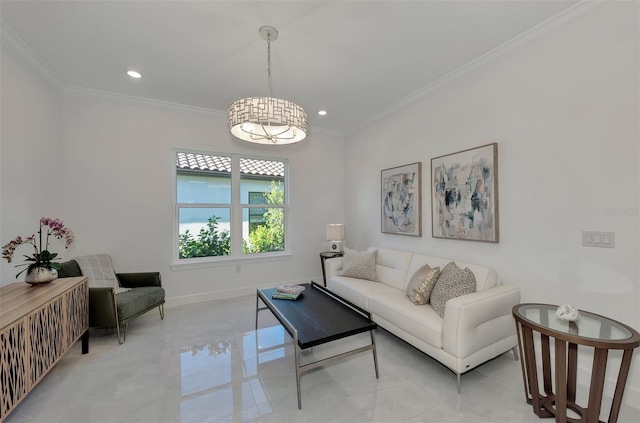 living room featuring crown molding