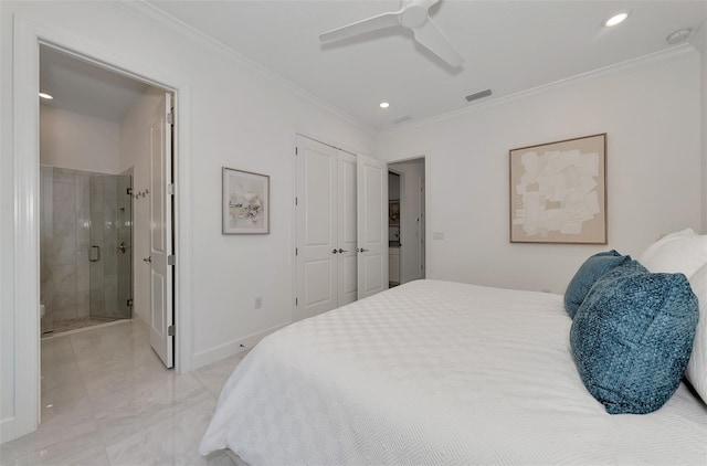 bedroom featuring ensuite bathroom, ceiling fan, and crown molding