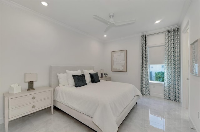 bedroom with ceiling fan and ornamental molding