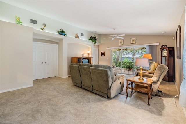 living room with vaulted ceiling and ceiling fan