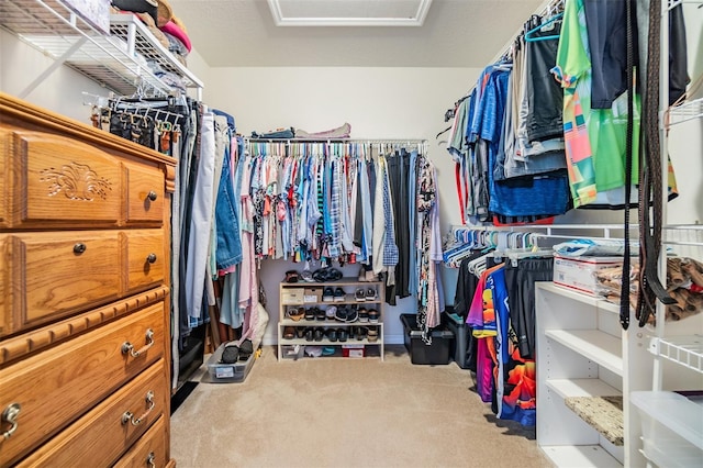 walk in closet featuring light carpet