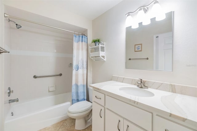 full bathroom with tile patterned flooring, vanity, toilet, and shower / bath combo with shower curtain