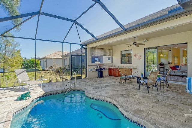 view of pool featuring a patio area, ceiling fan, glass enclosure, and a grill