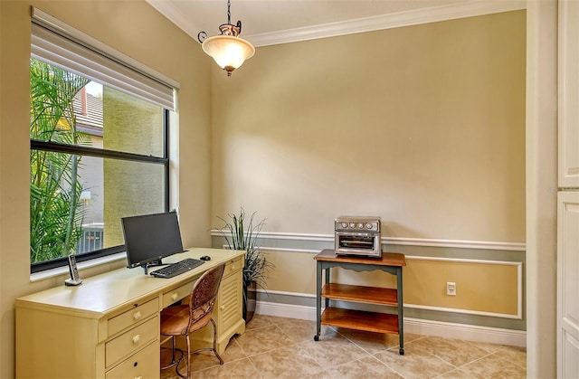 tiled office space with plenty of natural light and ornamental molding