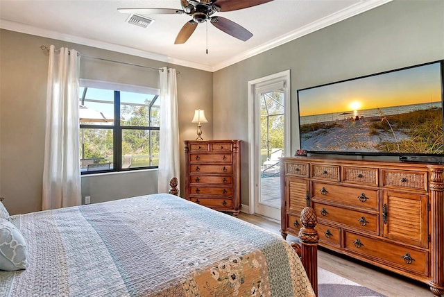 bedroom with access to exterior, ceiling fan, light hardwood / wood-style flooring, and crown molding