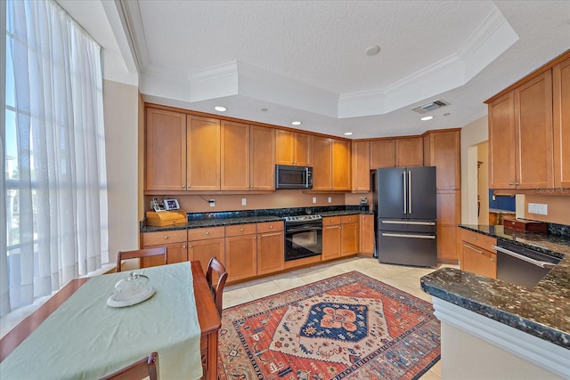 kitchen featuring black appliances, a raised ceiling, ornamental molding, a textured ceiling, and light tile patterned floors