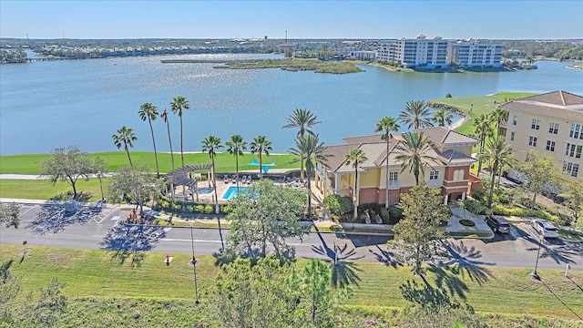 bird's eye view with a water view