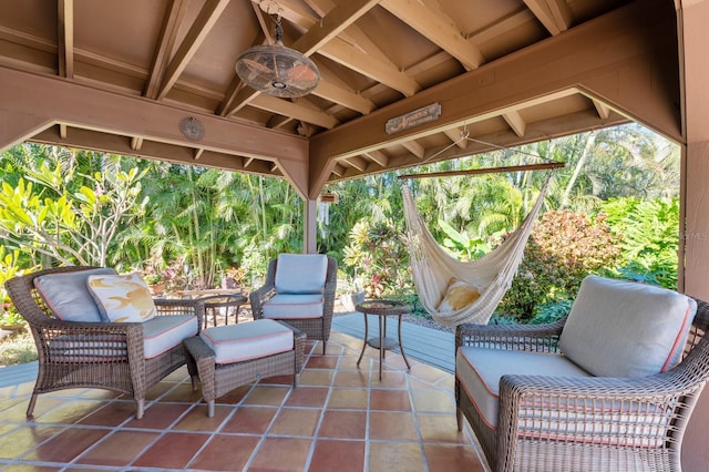 view of patio / terrace featuring ceiling fan and an outdoor hangout area