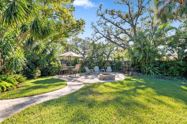 view of yard with a patio and an outdoor fire pit