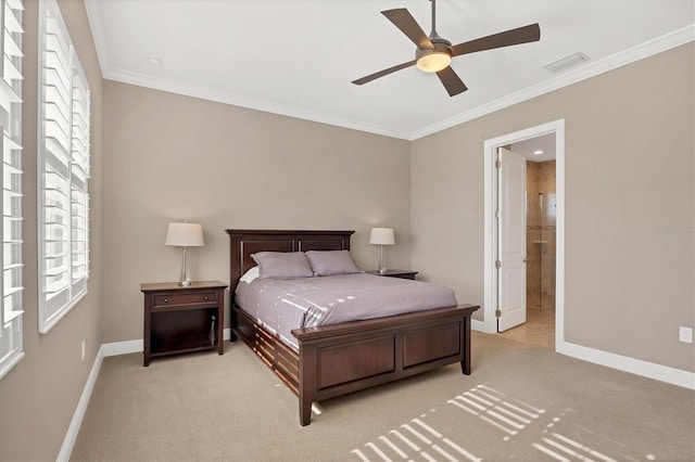 bedroom featuring multiple windows, ceiling fan, light carpet, and ornamental molding