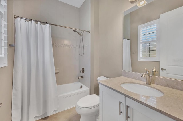 full bathroom featuring tile patterned flooring, vanity, shower / bath combo, and toilet