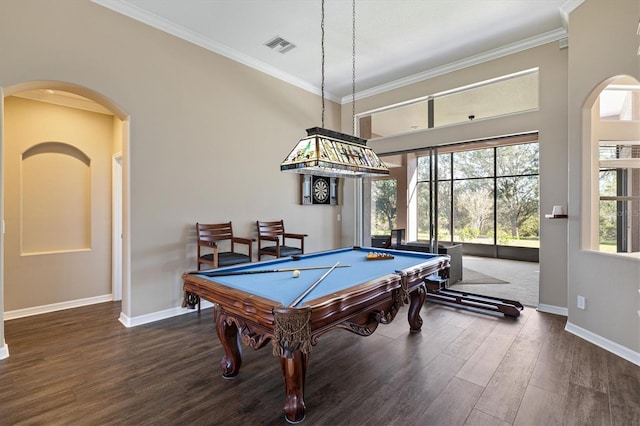 playroom with dark hardwood / wood-style flooring, ornamental molding, and pool table