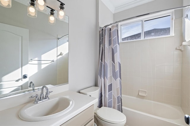 full bathroom with shower / bath combo, toilet, ornamental molding, and vanity