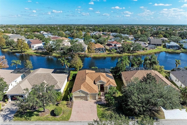 bird's eye view with a water view