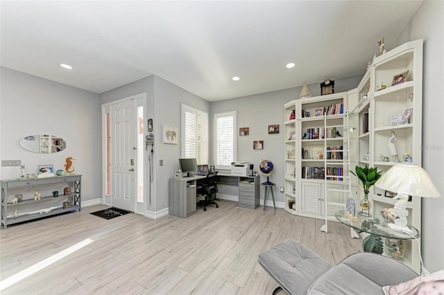 office with baseboards, wood finished floors, and recessed lighting