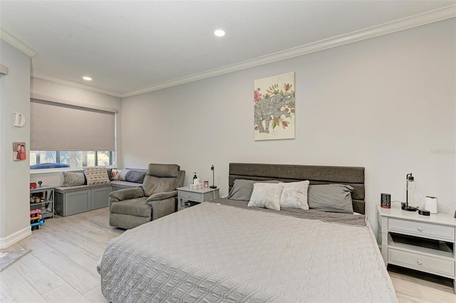 bedroom with light wood finished floors, baseboards, recessed lighting, and ornamental molding