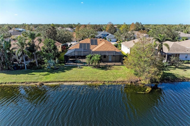 aerial view featuring a water view and a residential view