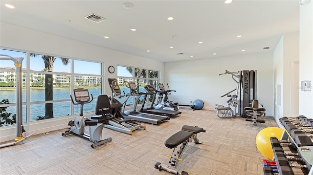 workout area with light carpet and a water view