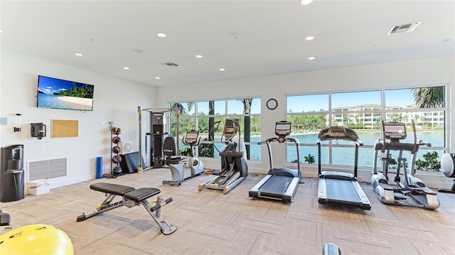 gym with a water view and light colored carpet