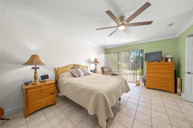 bedroom with access to outside, ceiling fan, crown molding, and light tile patterned floors