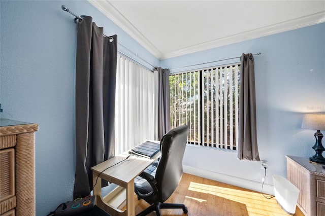 office space featuring light hardwood / wood-style flooring and crown molding