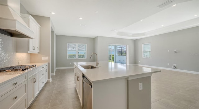 kitchen featuring decorative backsplash, appliances with stainless steel finishes, premium range hood, sink, and an island with sink