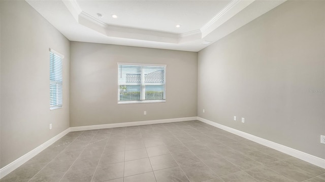 spare room featuring a tray ceiling, plenty of natural light, and crown molding