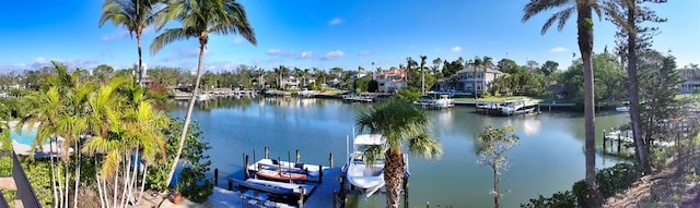 view of water feature with a dock