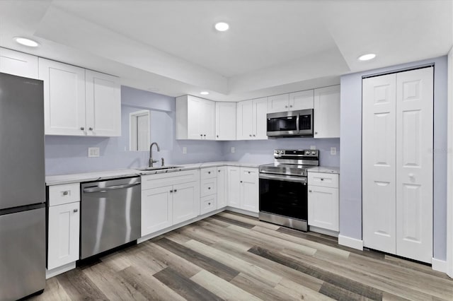 kitchen featuring light wood finished floors, light countertops, appliances with stainless steel finishes, white cabinets, and a sink