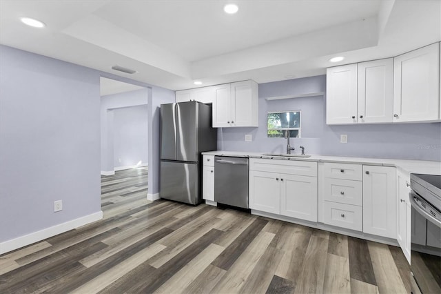 kitchen featuring a sink, a tray ceiling, appliances with stainless steel finishes, and white cabinetry