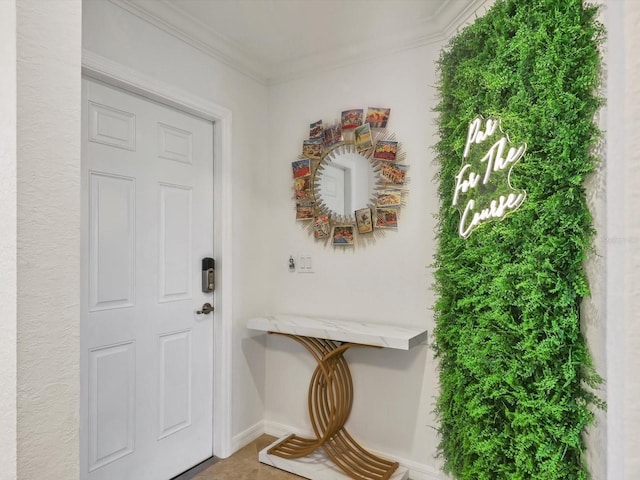 mudroom featuring crown molding