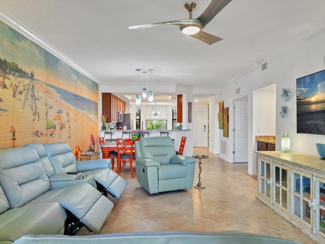 tiled living room featuring ceiling fan and ornamental molding